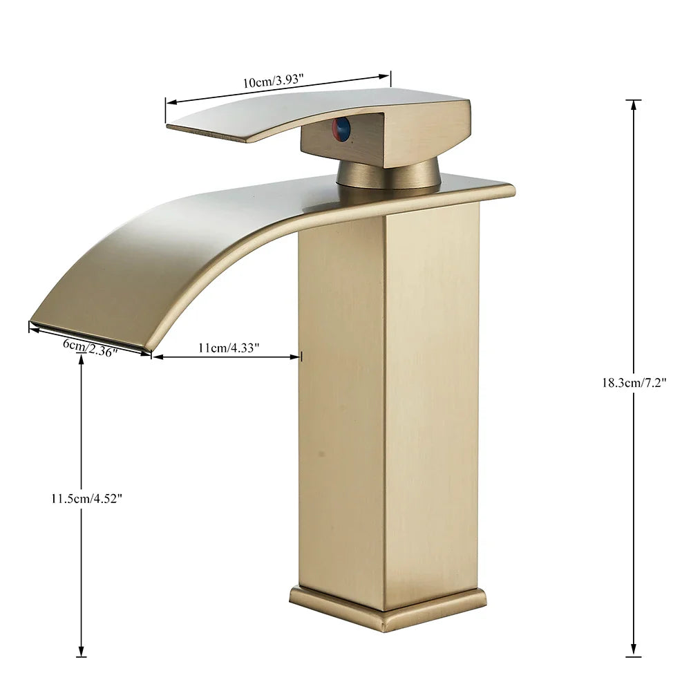 Modern brushed brass bathroom sink faucet with rectangular base and curved spout stainless steel waterfall design