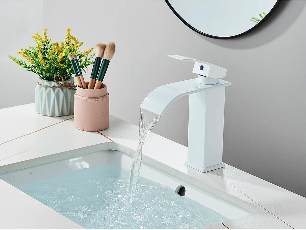 White modern bathroom sink faucet brass deck mount with sleek single handle design and stainless steel construction