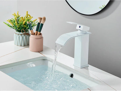 White modern bathroom sink faucet brass deck mount with sleek single handle design and stainless steel construction