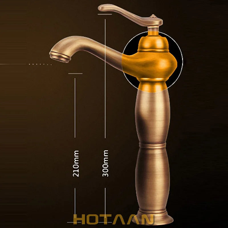 Antique brass-finished bathroom tall basin faucet with single handle and curved spout in a vintage-inspired design