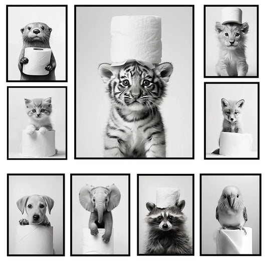 Bathroom Wall Art: Cute Animal Canvas Posters - Posters