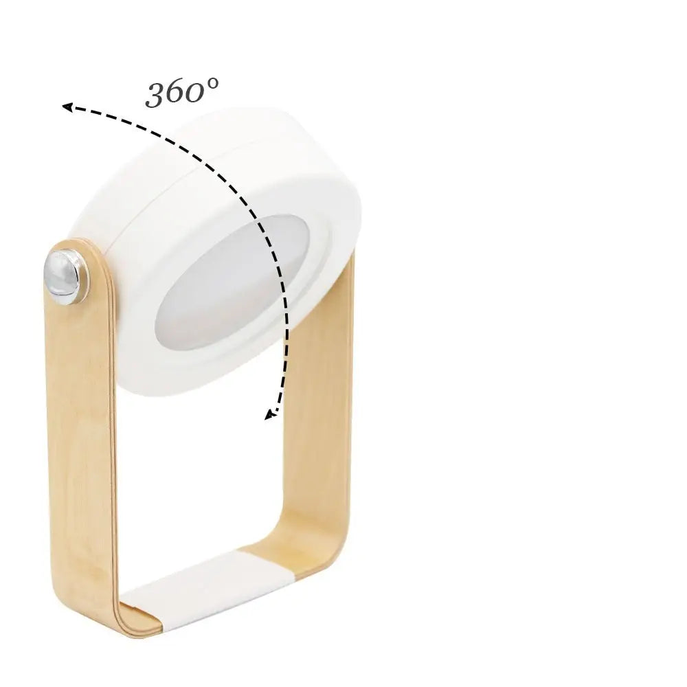 A minimalist white and light wood battery-operated wall sconce lantern with a circular adjustable head