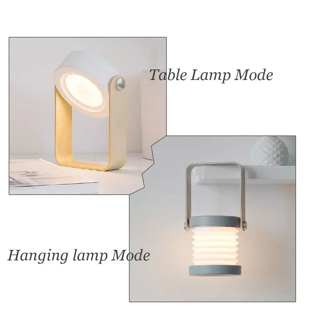 Battery-operated wall sconce lantern with a white circular head and light wood frame and collapsible gray sconce lantern