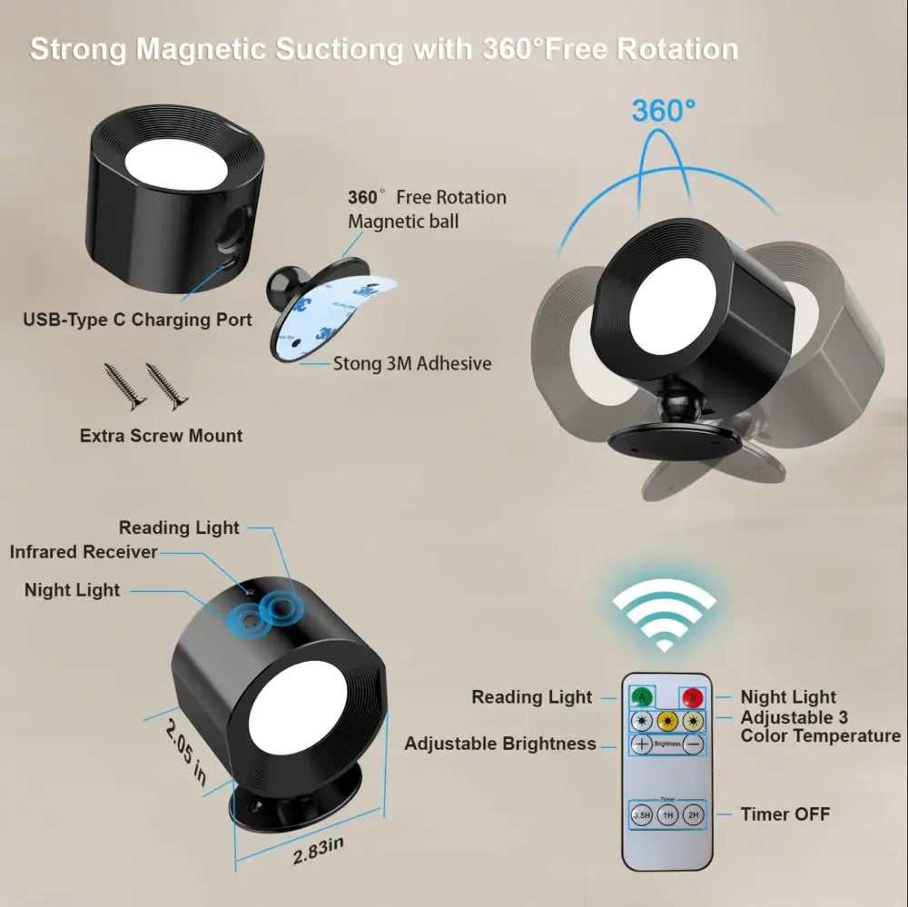 Black cylindrical battery operated wall sconce with magnetic suction adjustable brightness usb-c port and remote control