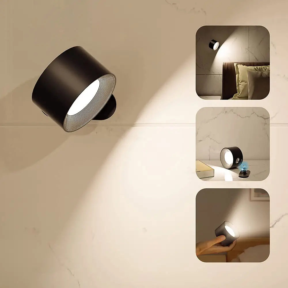 Black cylindrical battery operated wall sconce with textured ribbed interior and adjustable beam for remote control use