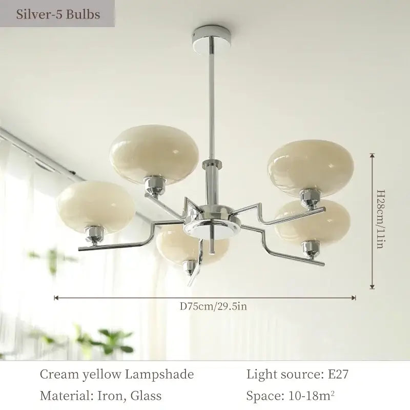 Bauhaus glass pendant chandelier with cream yellow glass lampshade and polished chrome frame for dining room