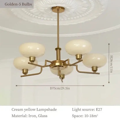 Bauhaus glass pendant brass glass pendant chandelier with five cream yellow lampshades for dining room lighting