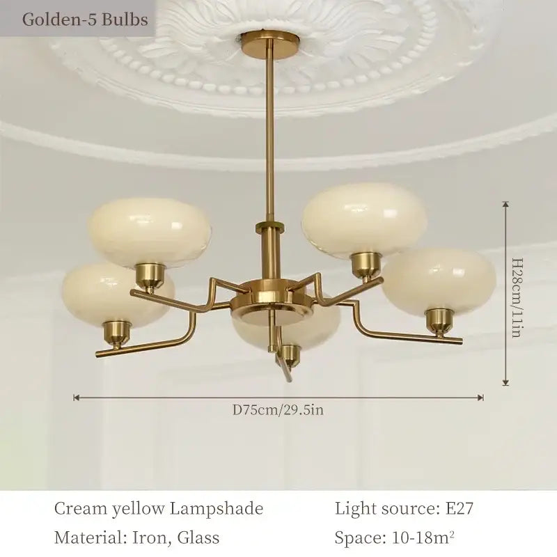 Bauhaus glass pendant brass glass pendant chandelier with five cream yellow lampshades for dining room lighting