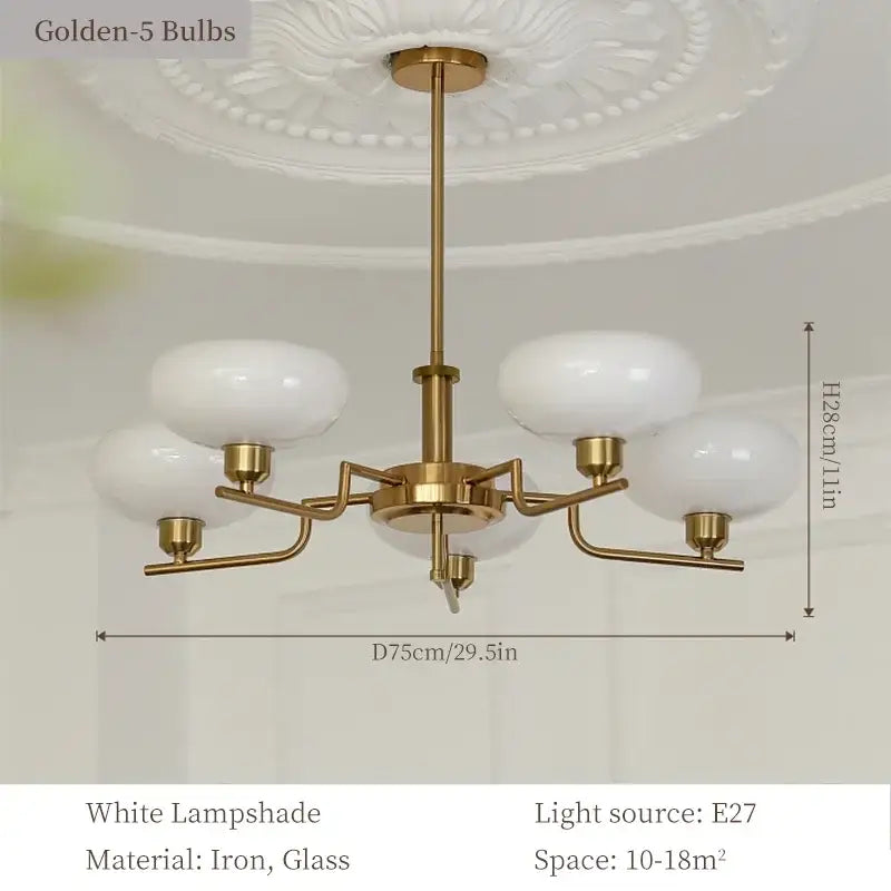 Brass-finished bauhaus glass pendant chandelier with five white glass lampshades for dining room lighting