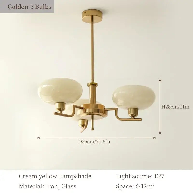 Bauhaus glass pendant chandelier in brass finish with three cream yellow glass lampshades for dining room