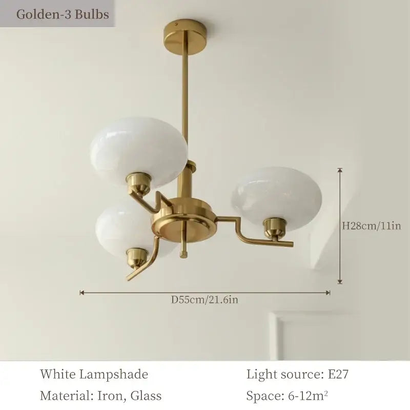 Modern bauhaus glass pendant chandelier with brass finish and three white glass lampshades for dining room use