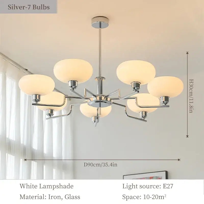 Modern bauhaus glass pendant chandelier with seven frosted white glass lampshades and chrome finish for dining room