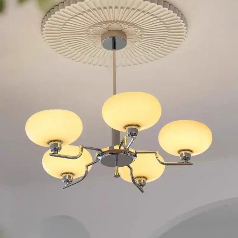 Bauhaus glass pendant chandelier with five frosted glass shades and polished chrome frame for dining room lighting