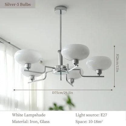 Modern bauhaus glass pendant chandelier with five white glass lampshades and polished chrome frame for dining room