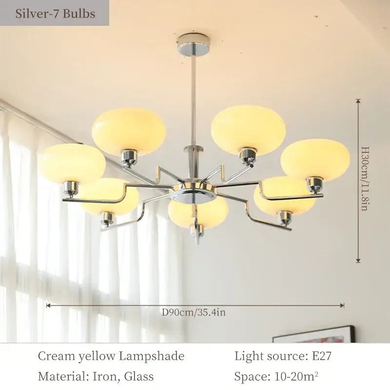 Bauhaus glass pendant chandelier with seven cream yellow glass lampshades and polished iron frame for dining room