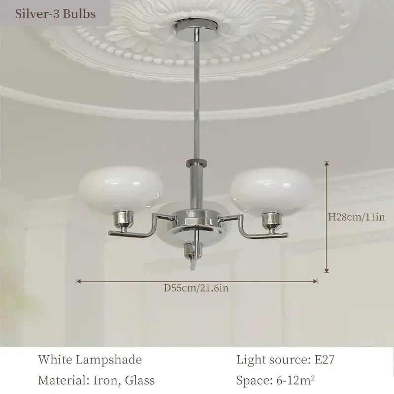Silver-finished bauhaus glass pendant chandelier with three white glass lampshades for dining room lighting