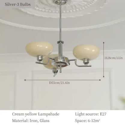 Bauhaus glass pendant chandelier with cream yellow lampshades and polished chrome iron frame for dining room