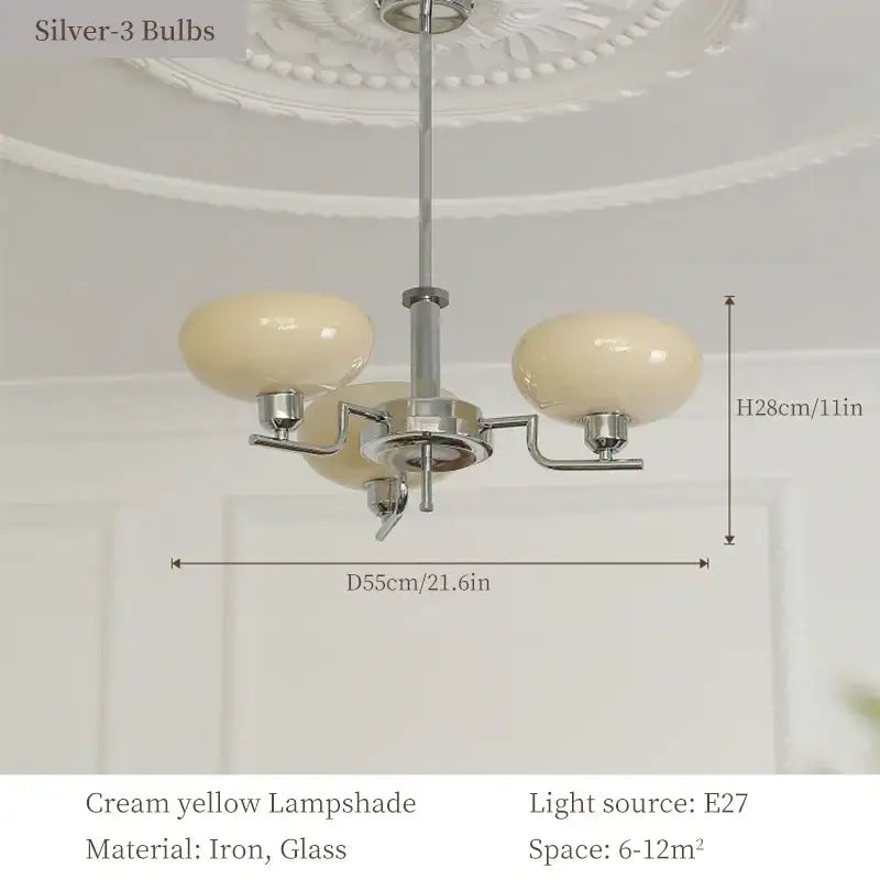Bauhaus glass pendant chandelier with cream yellow lampshades and polished chrome iron frame for dining room