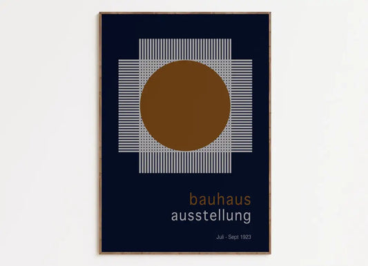 Minimalist decorbites bauhaus geometric art canvas print with bold brown circle on navy grid background for mid-century bauhaus fans