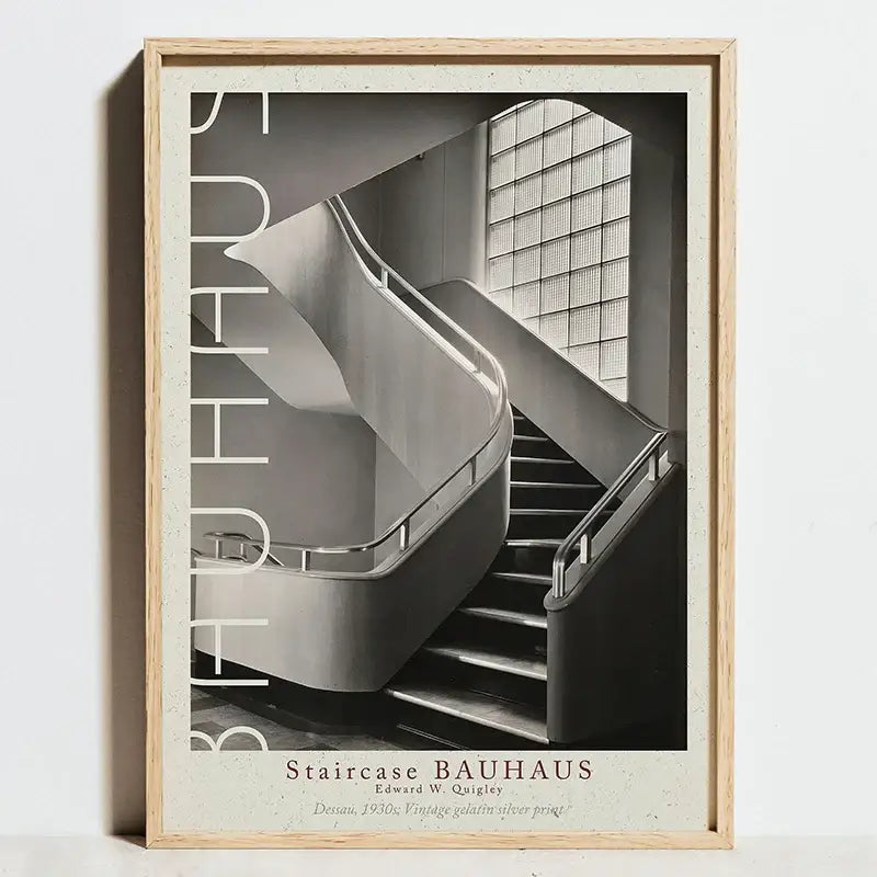 A framed black and white bauhaus movement canvas poster featuring modernist staircase abstract wall art