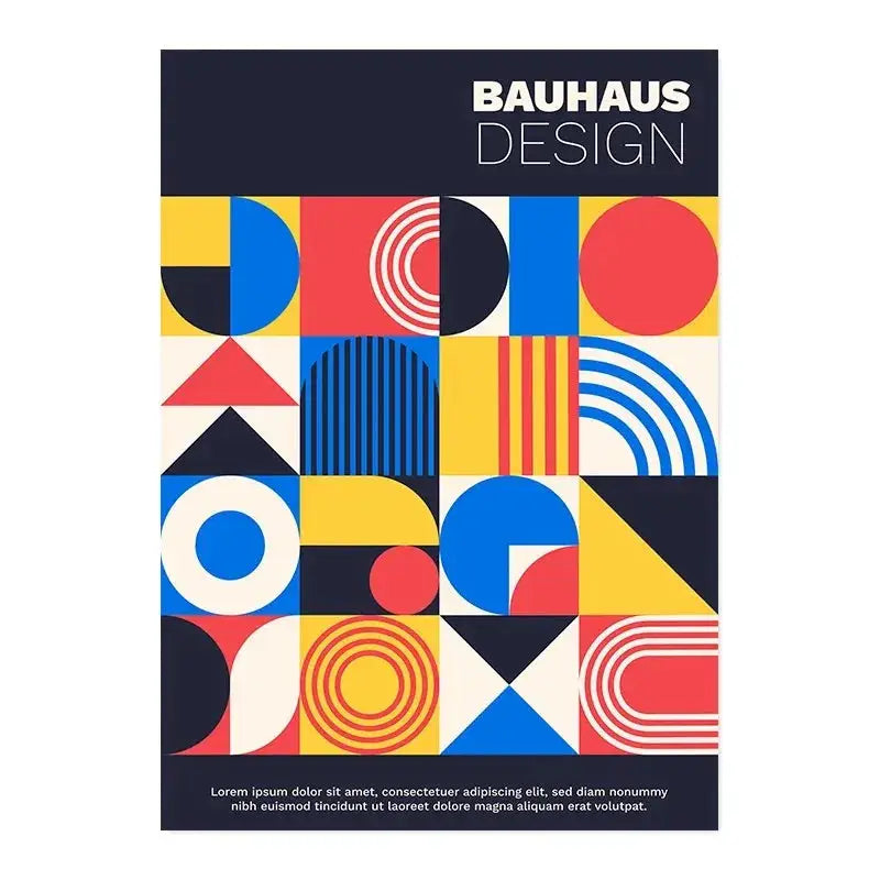 Decorbites™ black and white minimalist bauhaus canvas print featuring vibrant red blue yellow and black geometric shapes on white background
