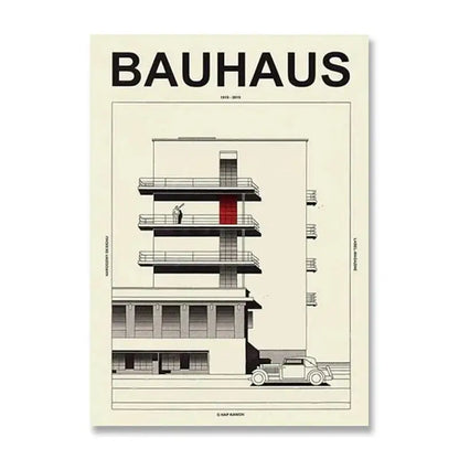 Decorbites™ black and white minimalist bauhaus canvas print featuring a stylized architectural illustration with a red door