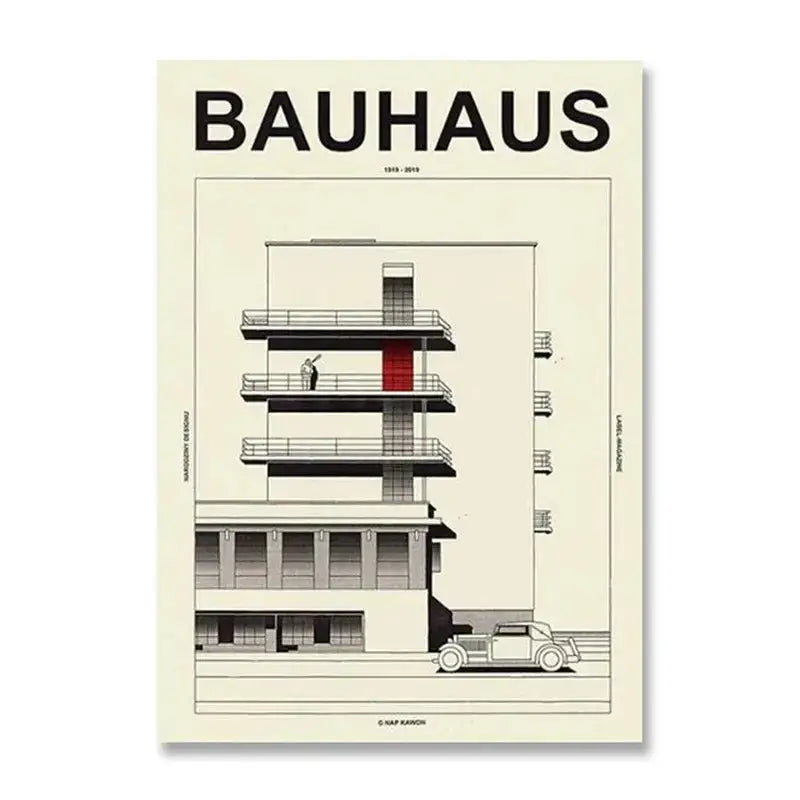 Decorbites™ black and white minimalist bauhaus canvas print featuring a stylized architectural illustration with a red door
