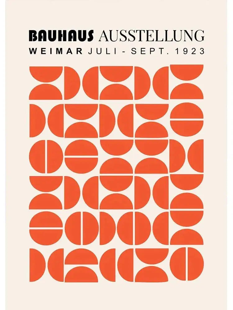 DecorBites™ black and white minimalist bauhaus canvas print with bold orange semicircles on a cream background