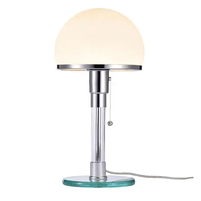 Bauhaus chrome table lamp with milk white glass dome shade and circular base for bedroom lighting