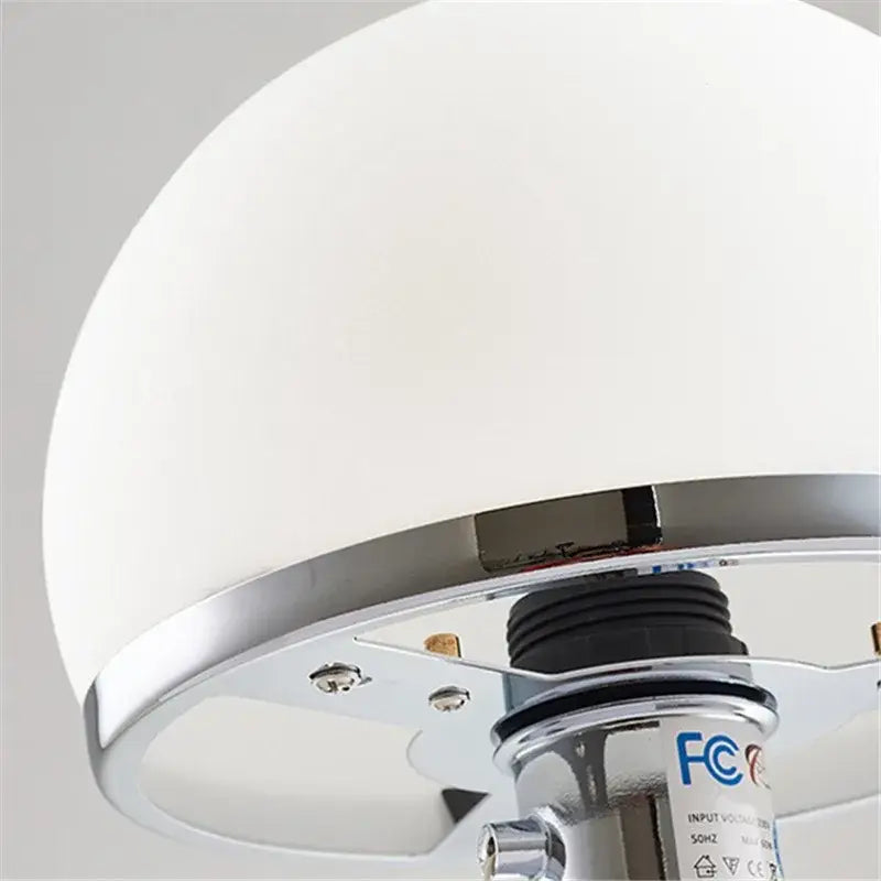 Bauhaus table lamp with milk white glass opal lampshade and polished chrome metal base for bedroom light