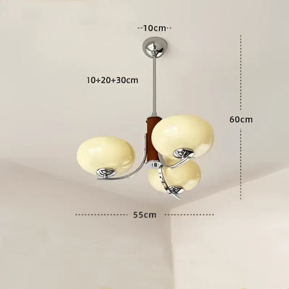 Bauhaus chrome and wood glass chandelier with three cream globes for living room lighting and decor