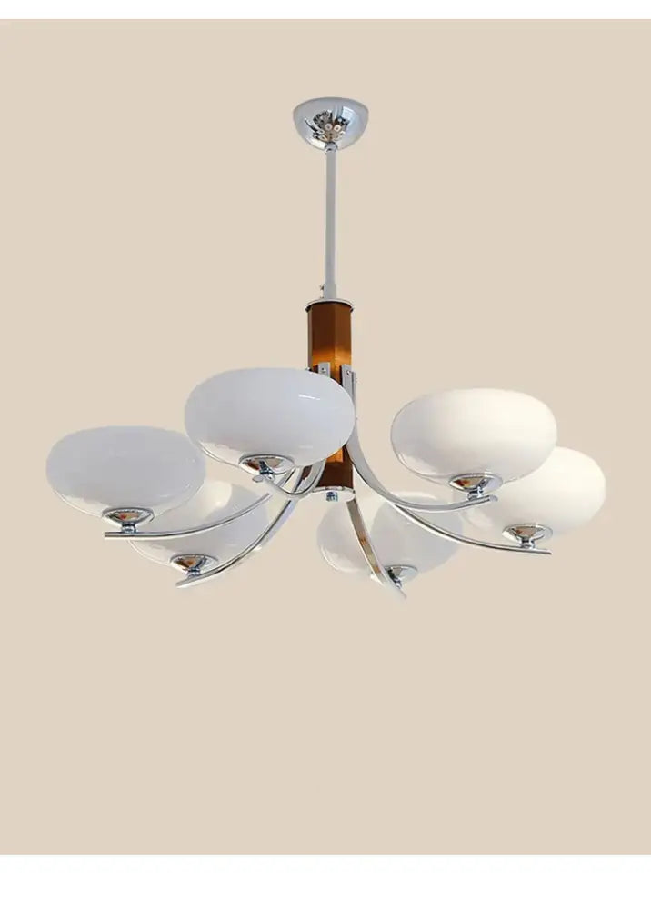 Chrome finished bauhaus art glass chandelier with five frosted shades and amber wood column for living room lighting