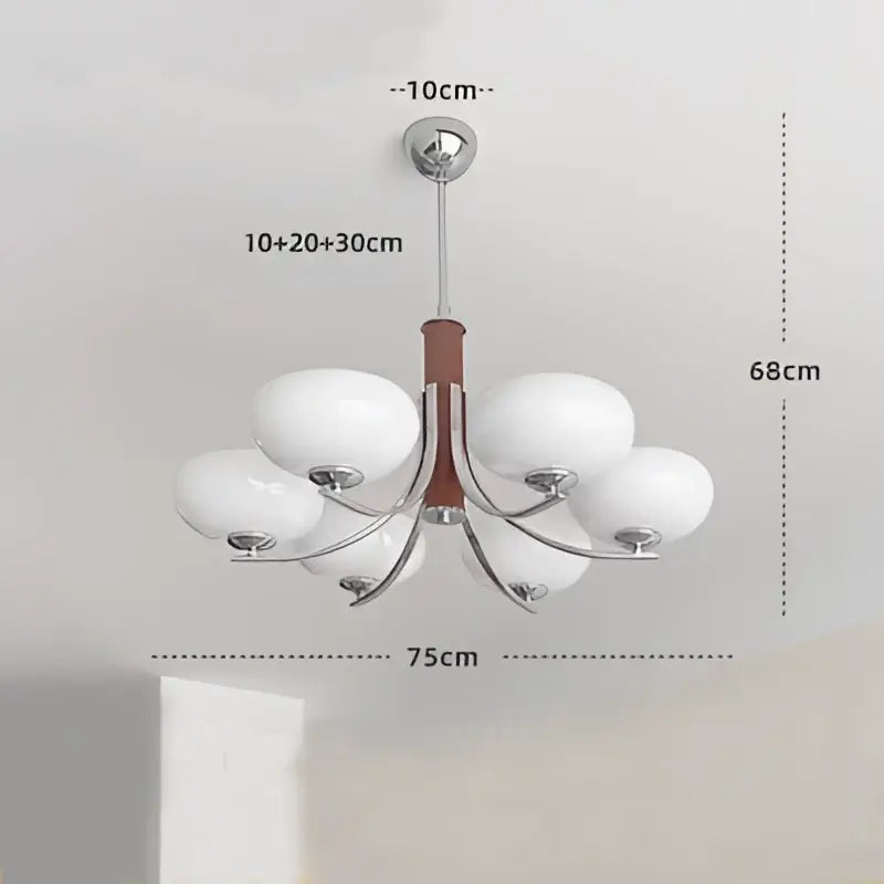 Bauhaus chrome and wood glass chandelier with six frosted globes for living room lighting and decor