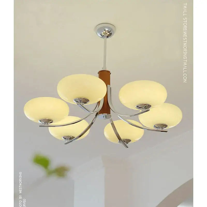 Modern bauhaus art glass chandelier with five frosted shades, chrome frame, and wooden column for living room lighting