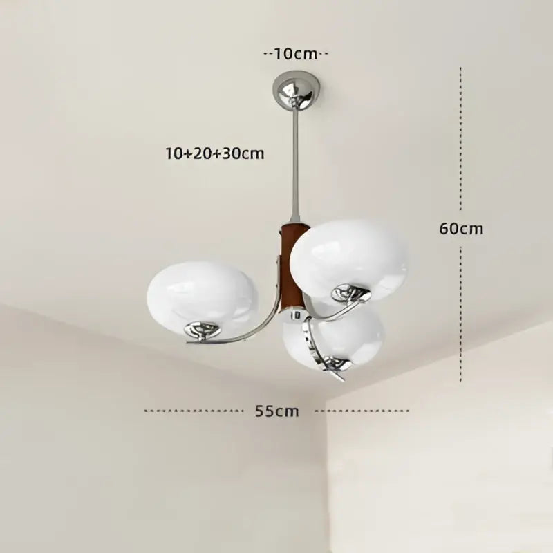 Bauhaus chrome and wood glass chandelier with four frosted globes for modern living room lighting