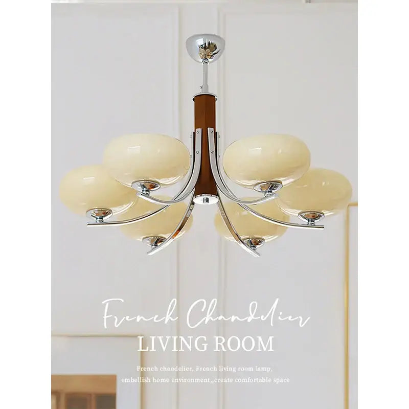 Bauhaus chrome and wood glass chandelier with five creamy opal shades for elegant living room lighting