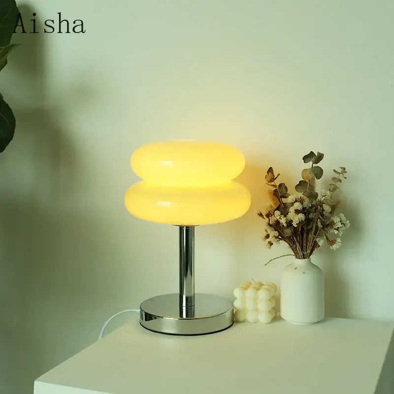 Aisha brand bauhaus glass table lamp with warm yellow double-layered glass shade and polished chrome base for bedroom light