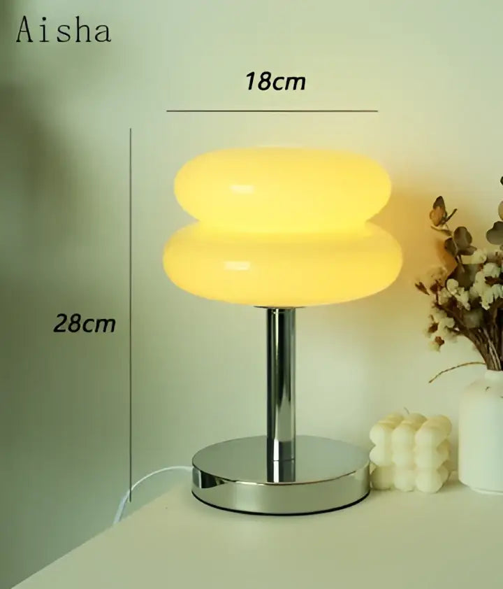 Aisha bauhaus glass table lamp with chrome base and stacked yellow glass shades for warm bedroom lighting