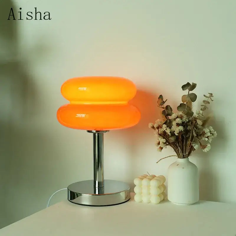 Orange double-layered bauhaus glass table lamp with sleek chrome base for bedroom lighting use