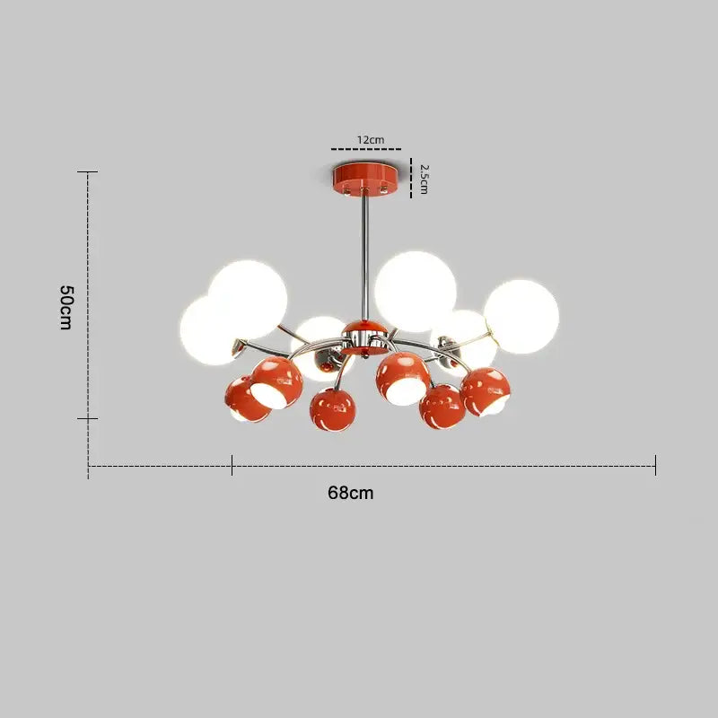 Modern chandelier lasha pendant light with central chrome stem orange ceramic spheres and frosted glass globes for dining room