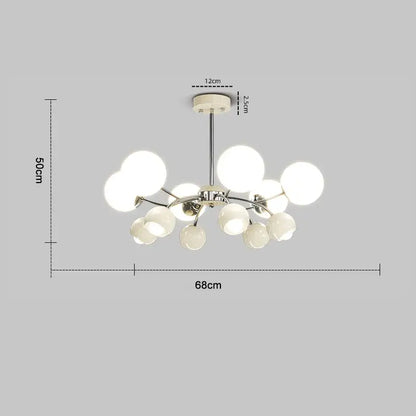 Modern chrome finished lasha pendant light with frosted glass globes in orange and white for dining room use