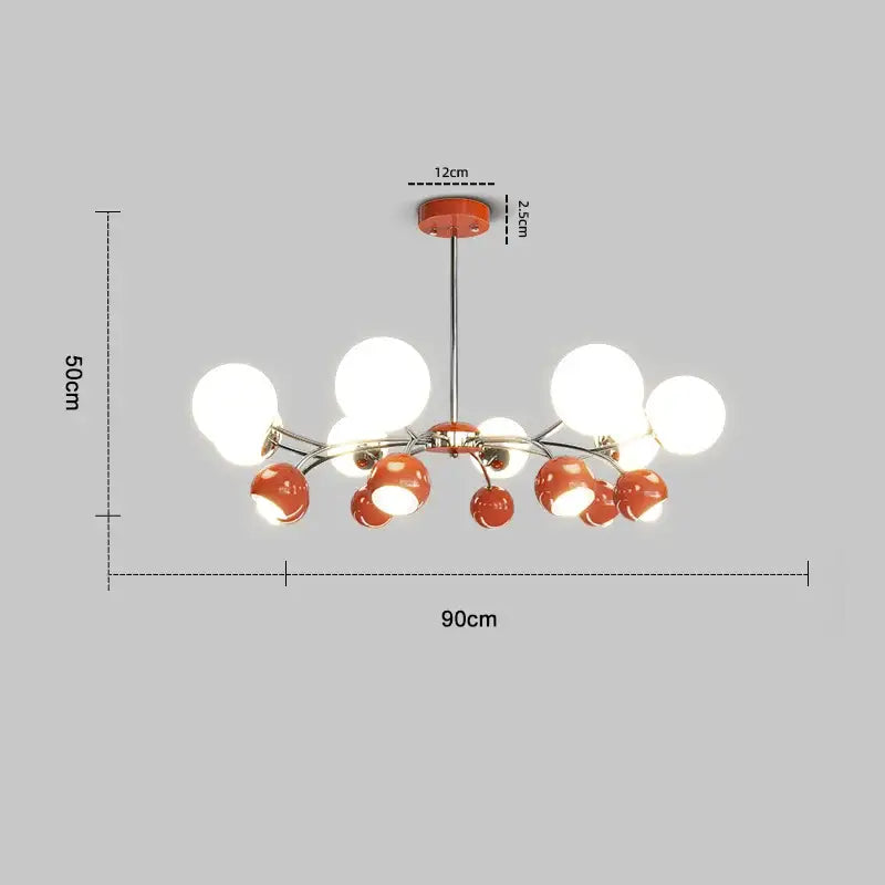 Modern orange and white lasha pendant light with a chrome finish designed as a globe chandelier for dining rooms