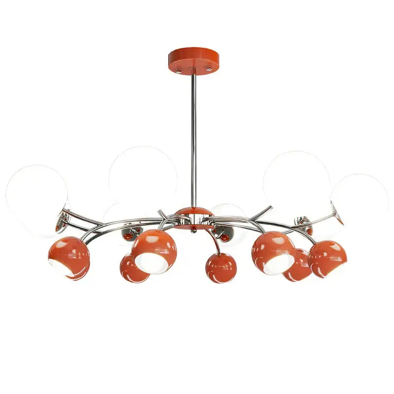 Vibrant orange spherical lasha pendant light with chrome arms and ceiling mount for dining room illumination