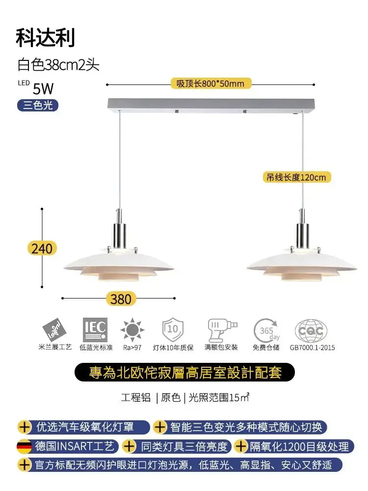 White led bauhaus flying saucer pendant light with two hanging fixtures and rectangular ceiling mount for dining room