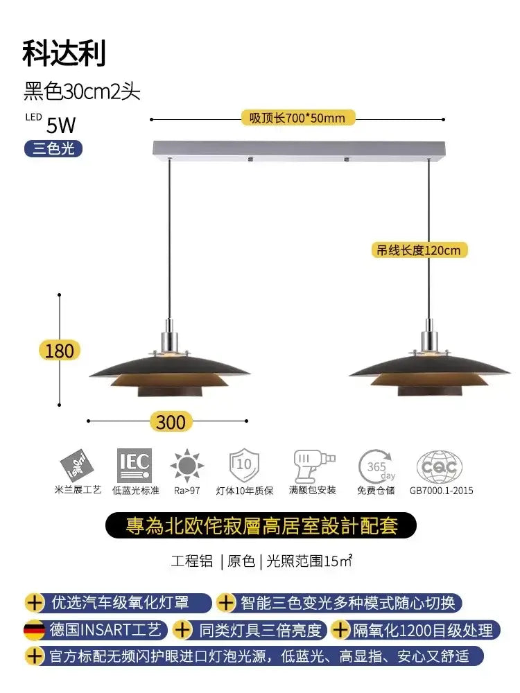Black 30cm two-head bauhaus flying saucer pendant light with layered shades and minimalist metal fixtures for dining room use