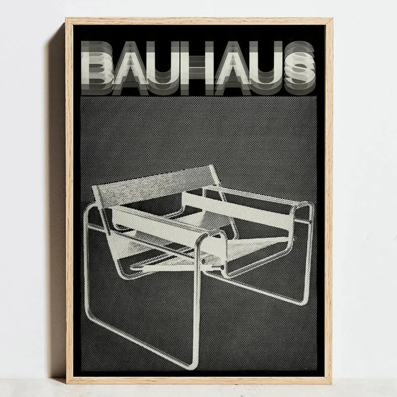 Black and white bauhaus geometric exhibition poster featuring minimalist chair design framed by light wood for wall decor