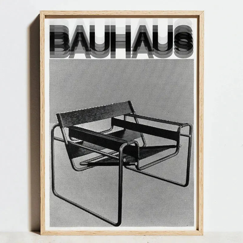 Black and white bauhaus geometric exhibition poster with minimalist light wood chair design for decorbites exhibition posters