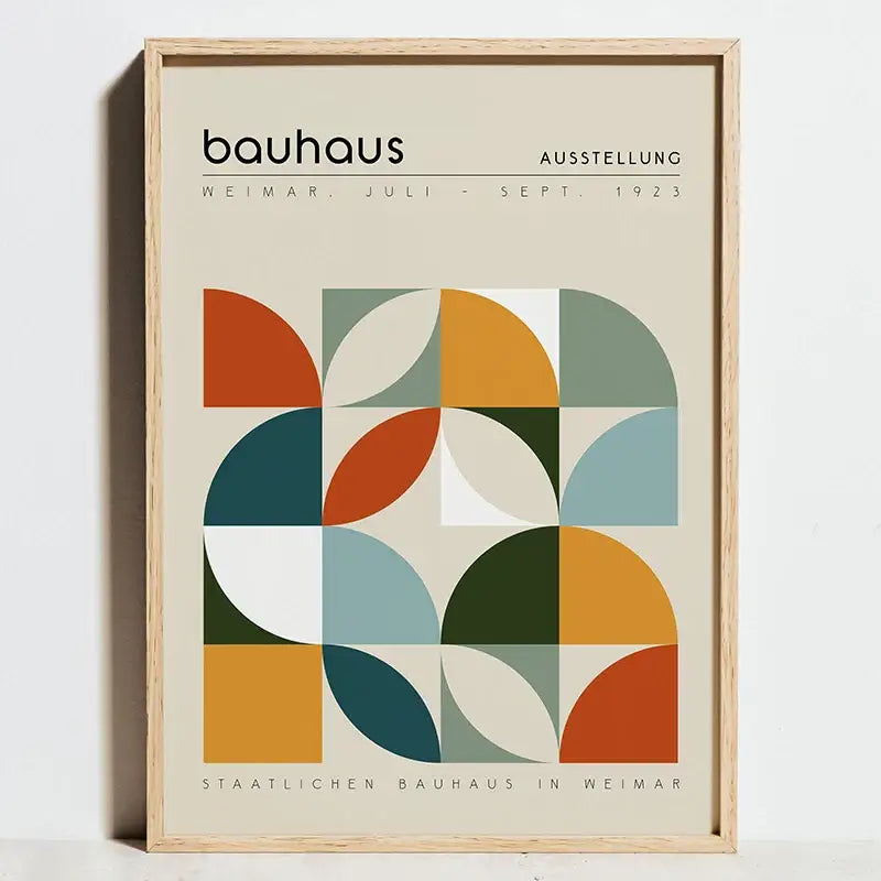 A framed decorbites bauhaus geometric exhibition poster with overlapping semicircles in orange teal olive green and blue