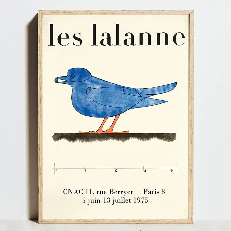 A framed DecorBites bauhaus geometric exhibition poster with a stylized blue bird on off-white canvas art