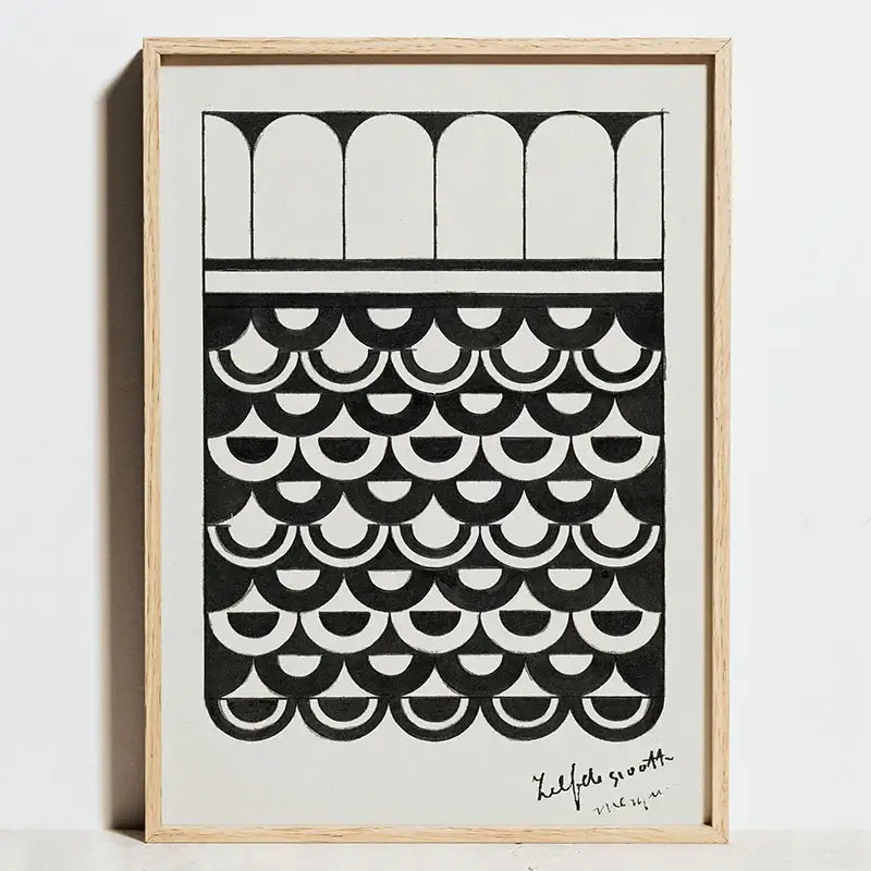 DecorBites™ bauhaus geometric exhibition posters featuring minimalist black and white canvas art with arches and scallops